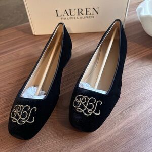 Ralph Lauren Black Velvet Flats with Gold Embroidery